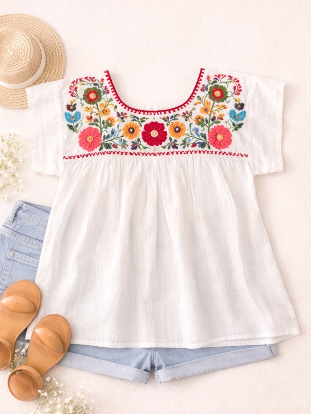 White Embroidered Floral Peasant Top